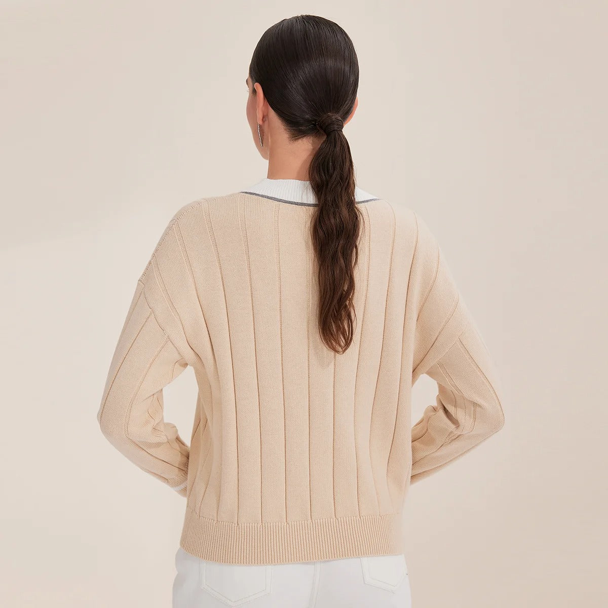 BY4521246 Women's V-Neck Long Sleeve Ribbed Sweater 100% Cotton Casual Knitted Pullover Fall Fashion 2025